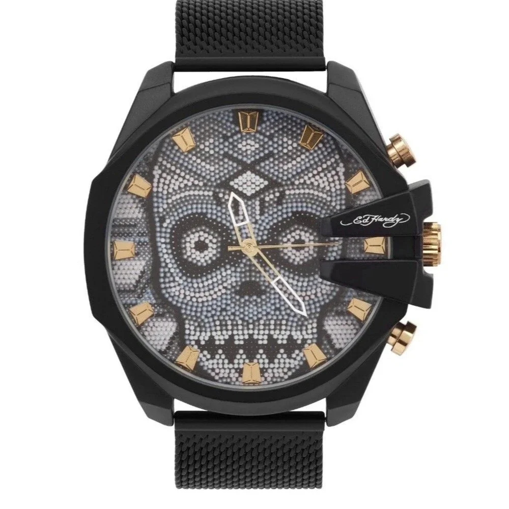 Ed Hardy Singles Men's Beaded Skull 53mm Dial/ Matte Black/White, Metal Band